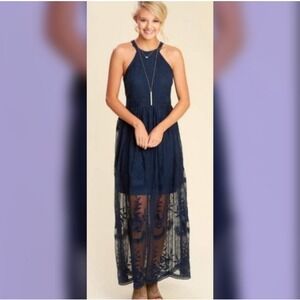 Altar'd State Navy Blue Halter Maxi Dress with Sheer Embroidered Skirt